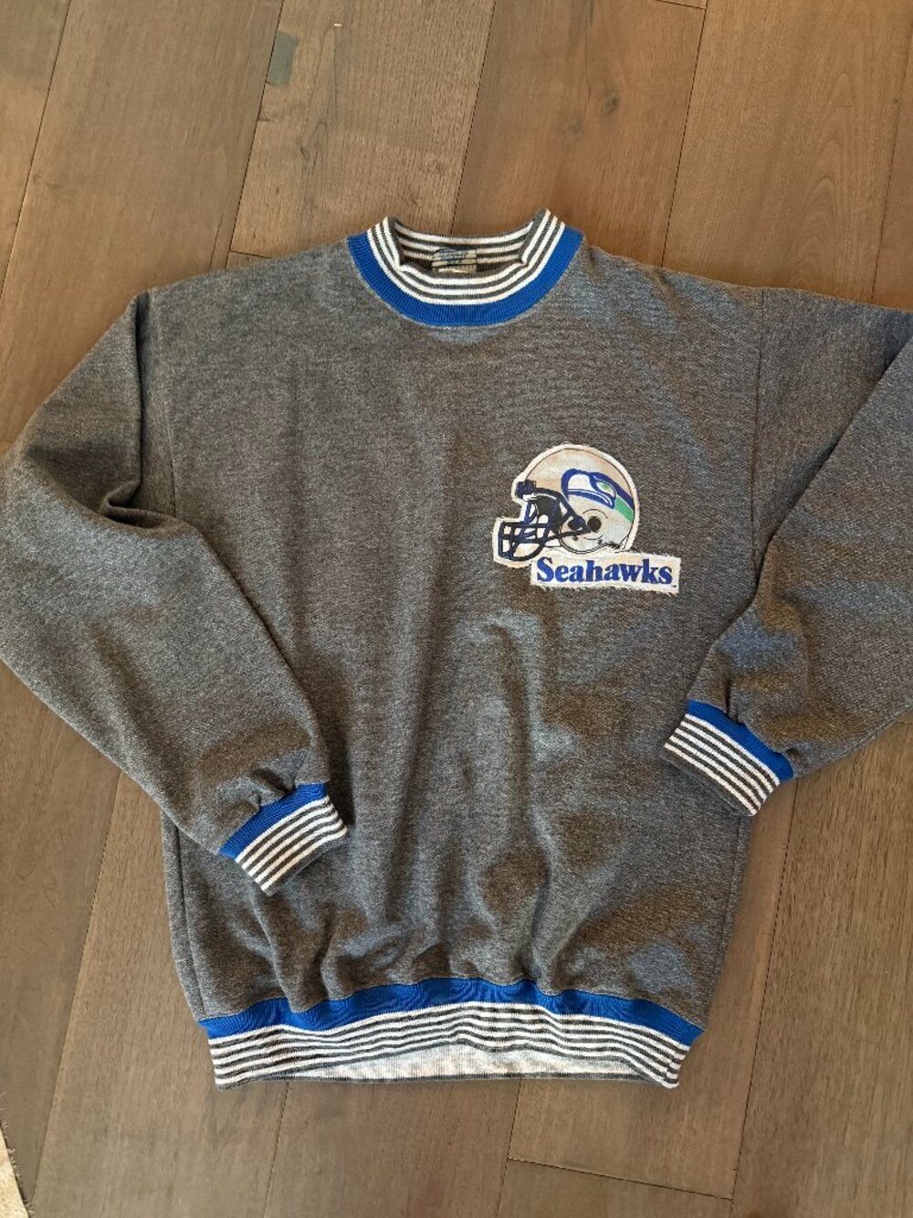 Vintage 90s Seattle Seahawks Ringer Crewneck Sweatshirt Gray Blue NFL
